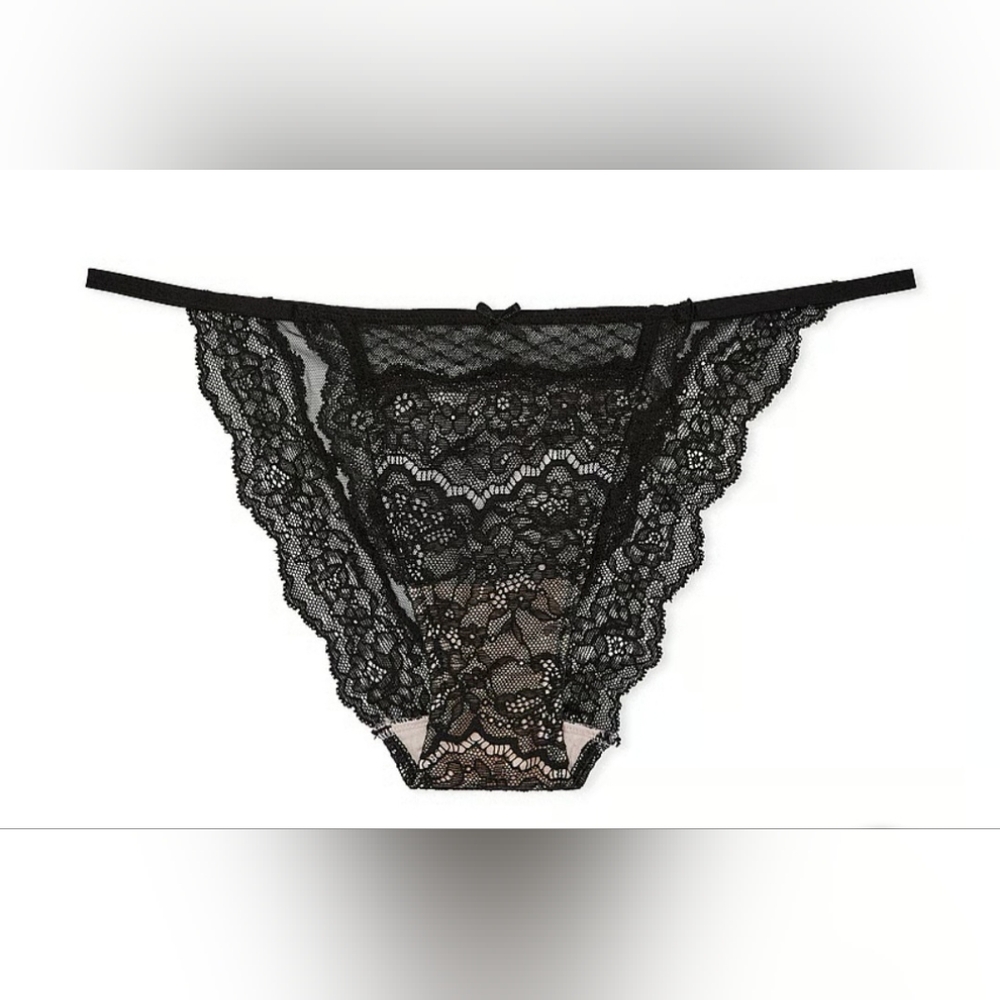 Victoria’s Secret-Dream Angels Lace & Mesh String Bikini-M-Black and Pink NWT